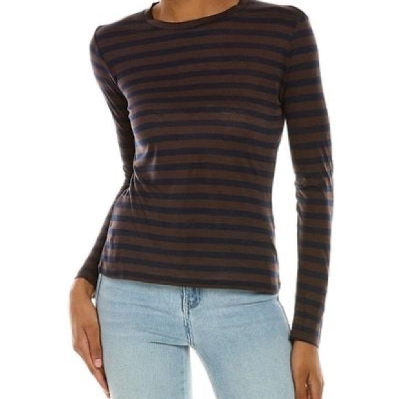 Theory Navy Olive Striped Long Sleeve Tee, Size M - Picture 2 of 11